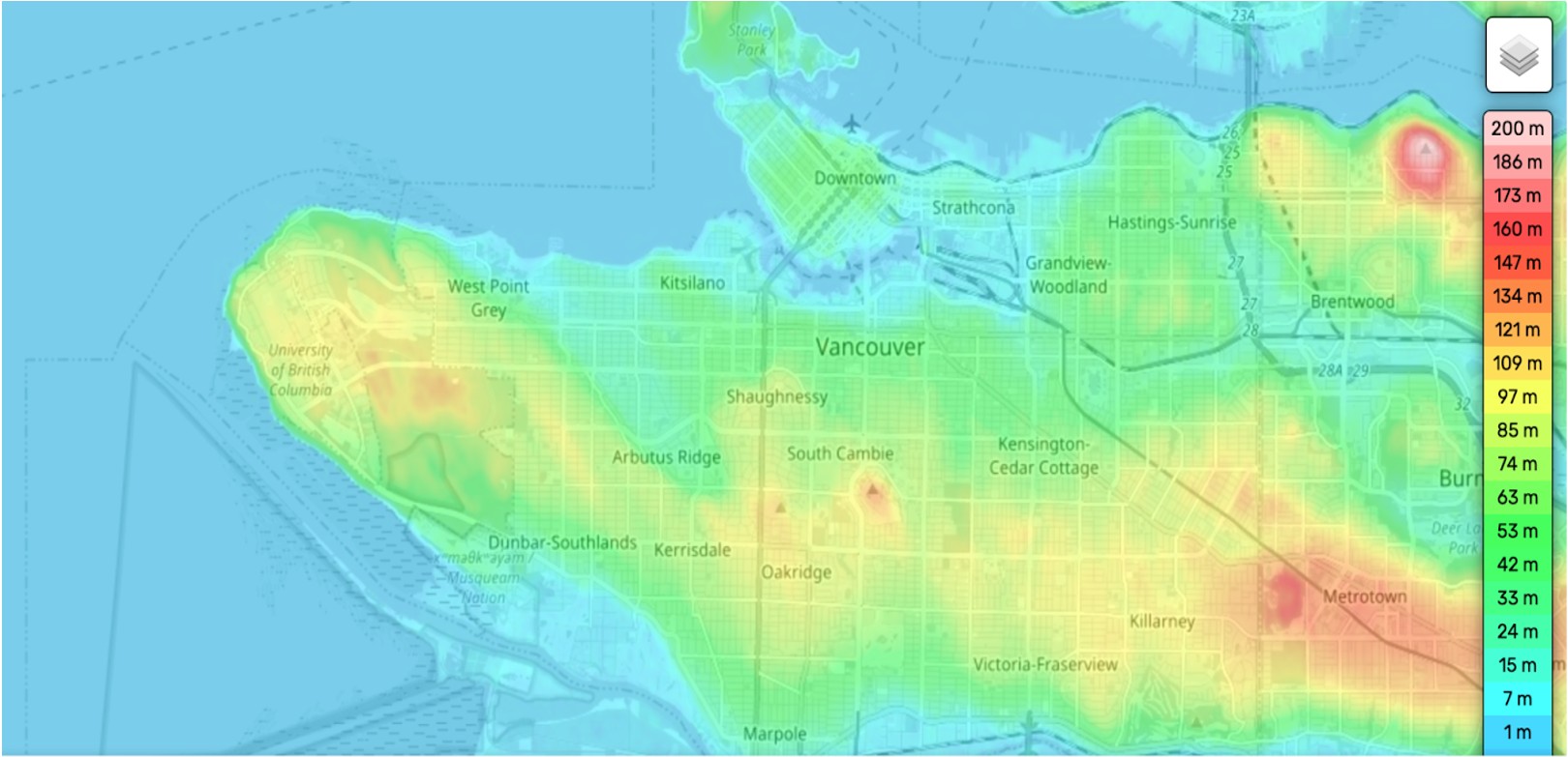 Topographic map of Vancouver showing elevation levels by neighbourhood. Low-lying areas are concentrated along the coastlines and downtown, while higher elevations appear in the University of British Columbia area, parts of South Vancouver, and near Burnaby and Metrotown. The highest elevation within the city is just over 200 meters.