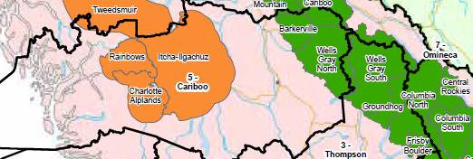 Map of BC showing caribou herd ranges. Rainbows and Itcha-Ilgachuz in the Cariboo are highlighted on the western (left) side of the map, while Wells Gray and Columbia herds are highlighted further east (right). Longer description available. Map of BC showing caribou herd ranges. Rainbows and Itcha-Ilgachuz in the Cariboo are highlighted on the western (left) side of the map, while Wells Gray and Columbia herds are highlighted further east (right). Longer description available.