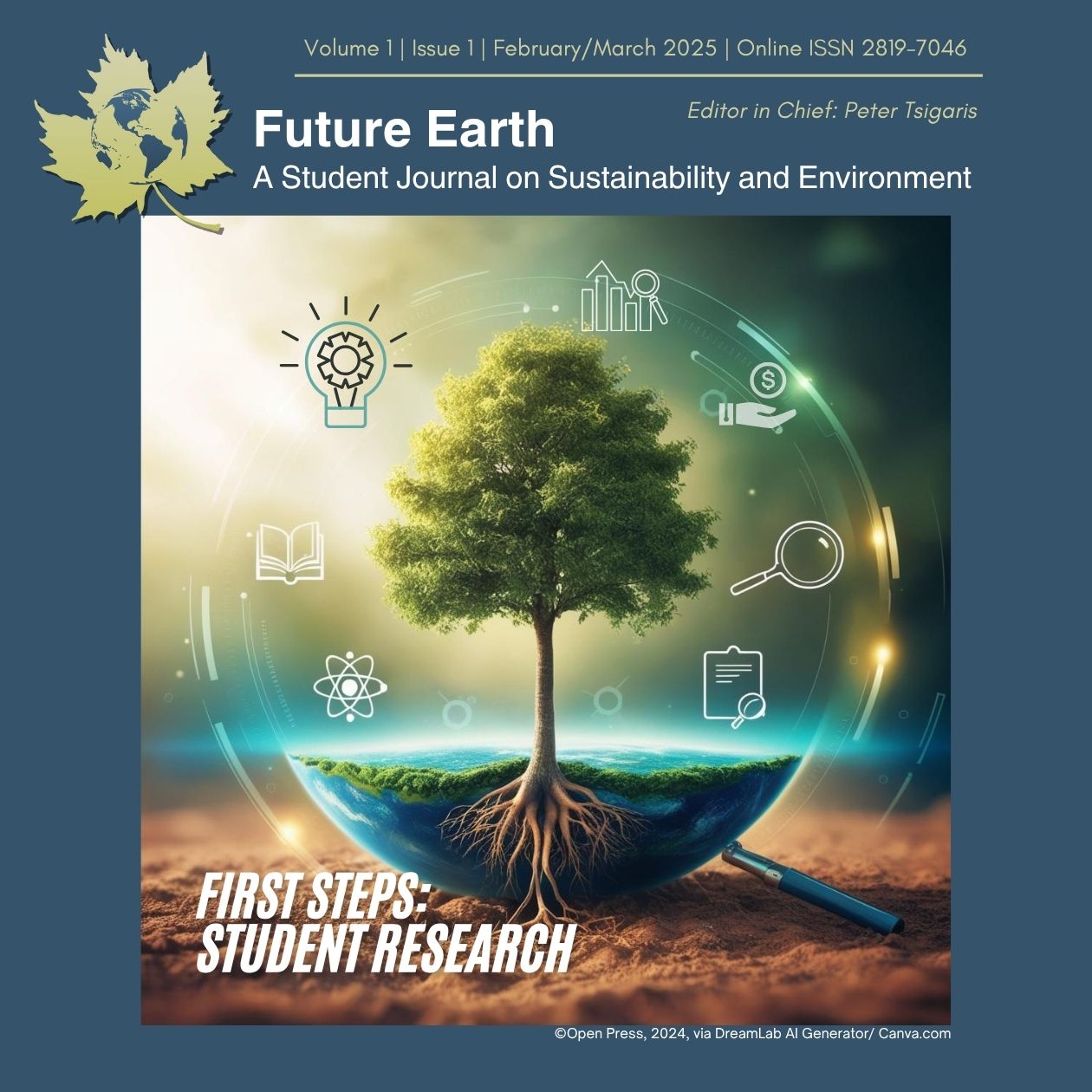 Cover image of Volume 1, No 1: small tree uprooted from soil surrounded by various education, finance, science, and research icons