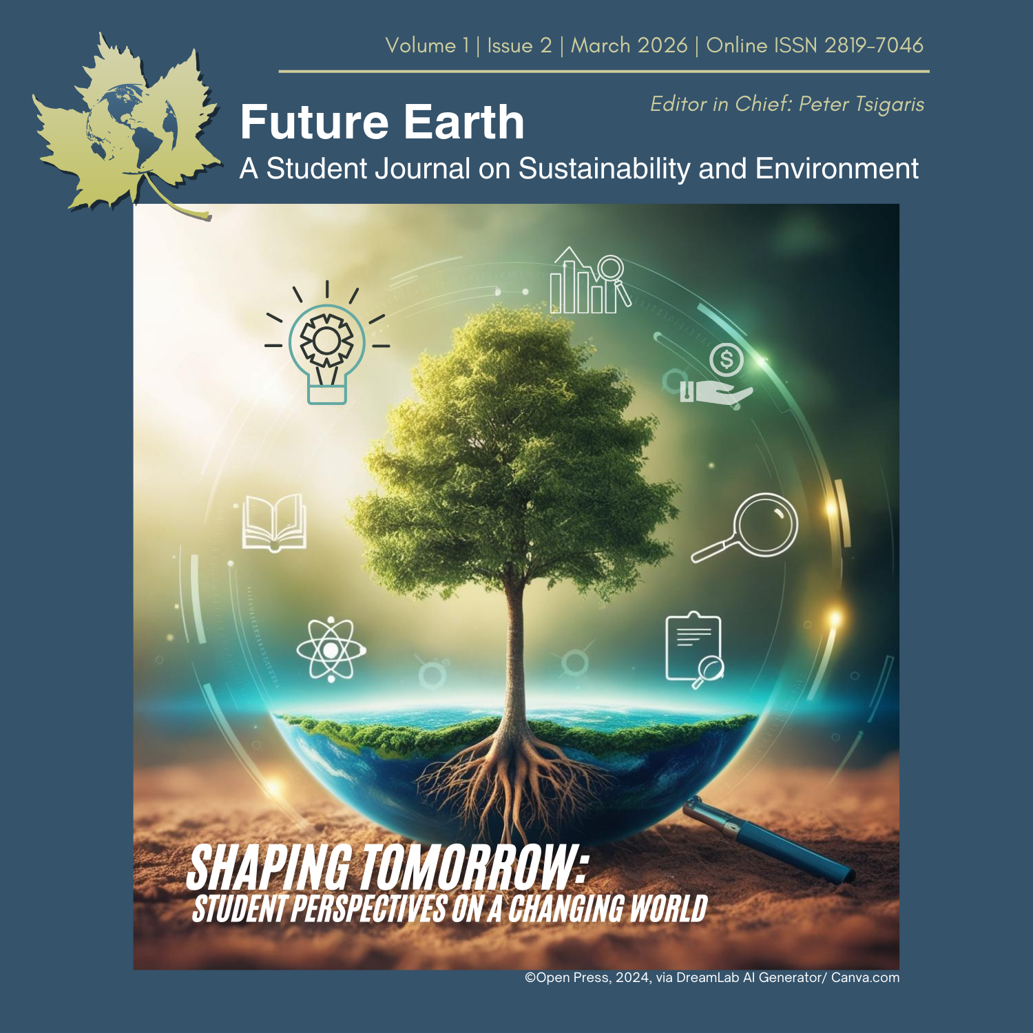 Cover image of Volume 1, No. 2: a tree growing from a small globe surrounded by symbols representing research, innovation, sustainability, and knowledge.